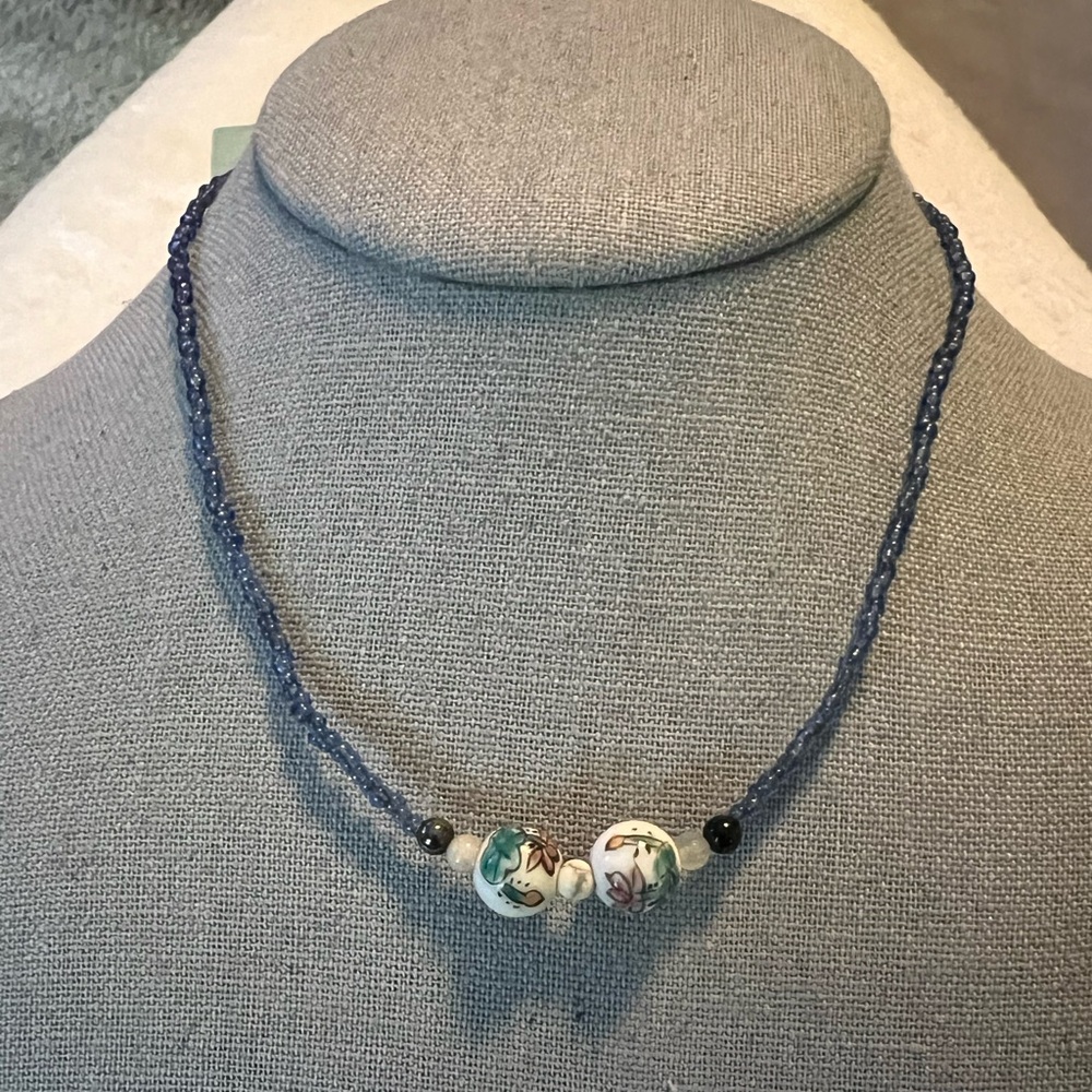Vintage Porcelain Flower Beads and Beaded Choker Necklace